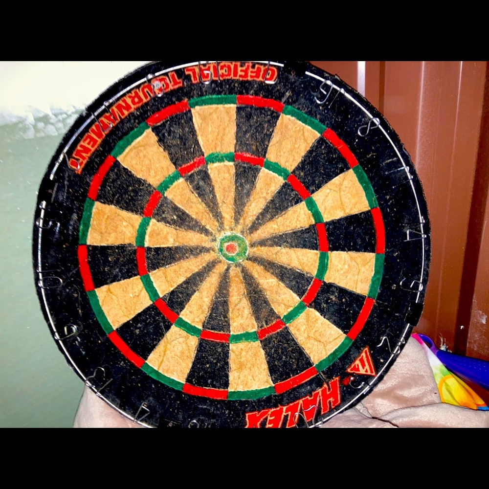 Halex official tournament dartboard with 6 darts